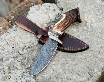 Custom HandMade Damascus Antler Deer Horn Crown Handle Hunting Knife With Case, Christmas Gift