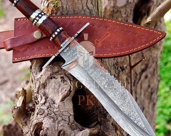 Cuchillo Bowie de caza de acero de Damasco hecho a mano a medida, 38 cm (15 pulgadas), mango de palisandro y funda de cuero / El mejor regalo para él.