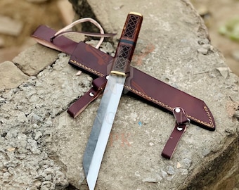 Handgeschmiedetes Wikinger Sax Messer mit Lederscheide,scharfes Jagdmesser für Camping, Geschenk für Männer / Frauen zu Jahrestag, Geburtstag, Hochzeit