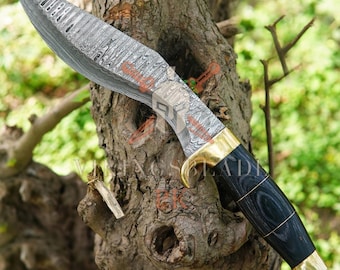 Custom Handmade Damascus Steel Kukri Knife, Pakka Wood Handle, with Leather Sheath