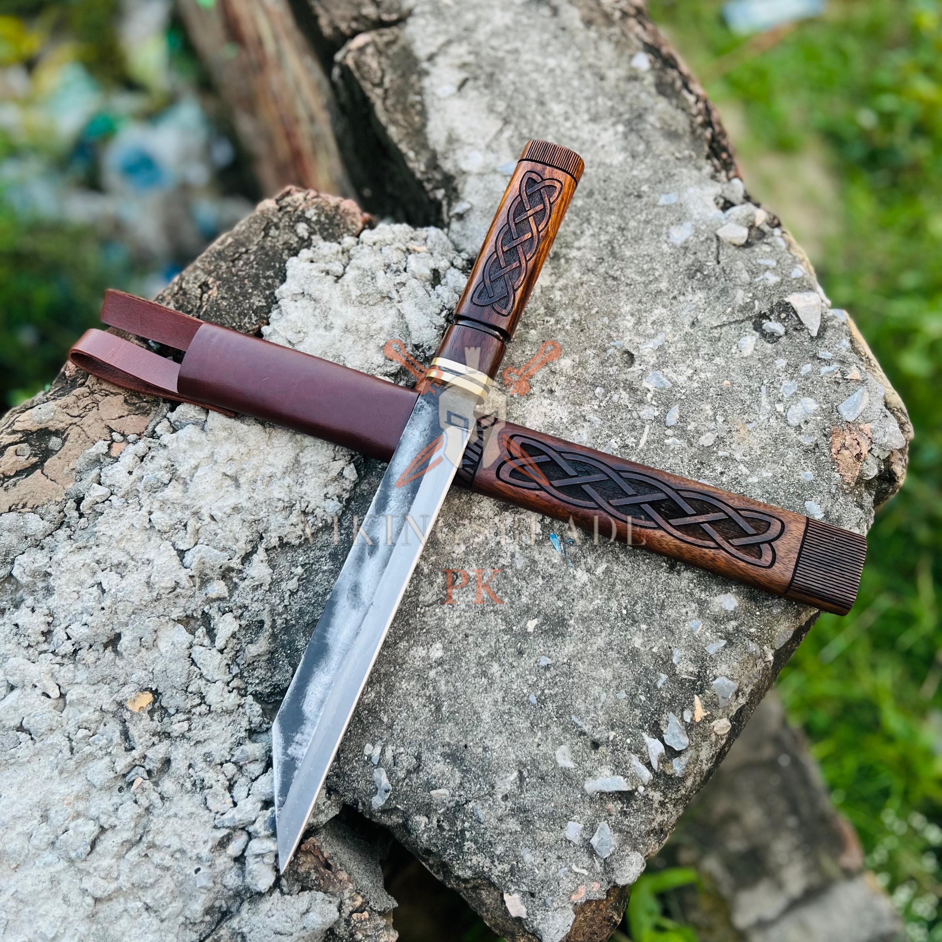 Hand Forged Viking Seax Knife, Celtic Knot Handle, With Wooden