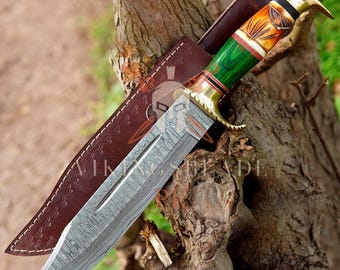 18in Custom HandMade Damascus Steel Hunting Crocodile Dundee Bowie Knife & Leather Sheath
