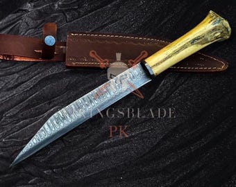 Handgeschmiedetes Wikinger Sax-Messer, Klinge aus Damast-Stahl, Griff aus Kamelknochen, Lederscheide
