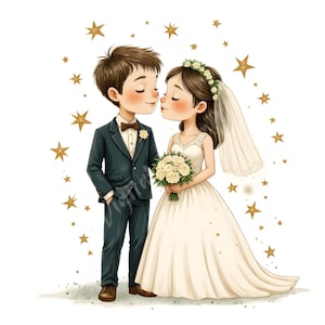 5 graziose clip art di coppie di sposi, immagini stampabili di sposi e sposi, download digitale di coppie innamorate, set di PNG per scrapbooking di matrimoni