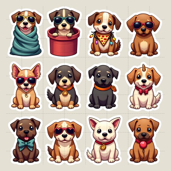 水彩画風の面白い犬のステッカー：風変わりな子犬のクリップアート