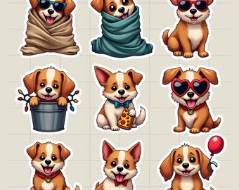 Stickers aquarel grappige hond: eigenzinnige puppy-clipart (digitale download, 12 x 12 inch png-bundel)