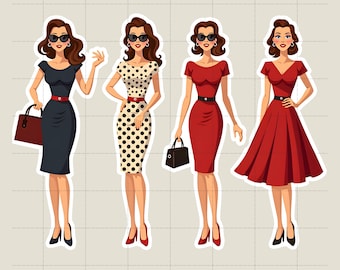 Retro Lady Paper Dolls: Vintage Scrapbook Stickers (Digital Download PNG Files)