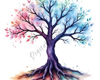 Watercolor Tree of Life Clipart: Oak Family Tree PNG (Digital Download 12x12inch)