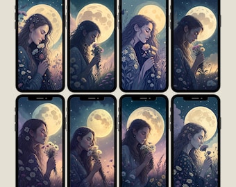 Mystic Moonlit Meadow Phone Wallpaper: Ethereal Fantasy Art (Digital Download)