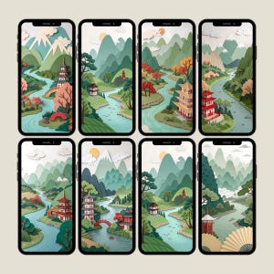 Oriental Landscape Phone Wallpaper Digital Art Download, Asian Mountains River Style Scenic Papercraft Background for Iphone and Android