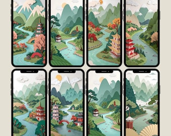 May include: Eight different phone wallpapers featuring a paper-cut style landscape with a river, mountains, and traditional Japanese buildings. The colors are mostly green, blue, and white.