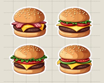 Bundle med clipart-klistermärken för hamburgare: Semirealistiska matillustrationer (digital nedladdning)