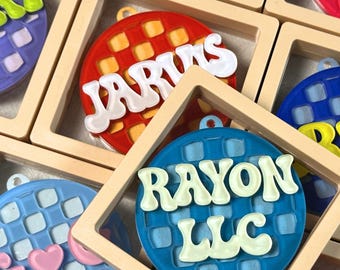 Custom Name Acrylic Keychain, Checkerboard Waffle Style, Schoolbag Backpack Hanger