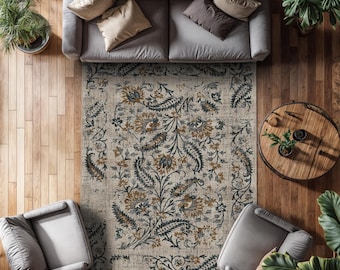Beige Floral Turkish Rug: Bohemian Style, Cotton Blend, Custom Size, Anti Slip, Washable Rug