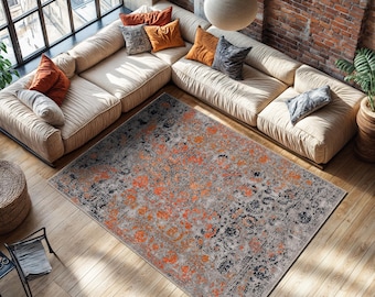 Alfombra estilo bohemio Oushak naranja: diseño anatoliano vintage, tamaño personalizado, antideslizante y lavable.