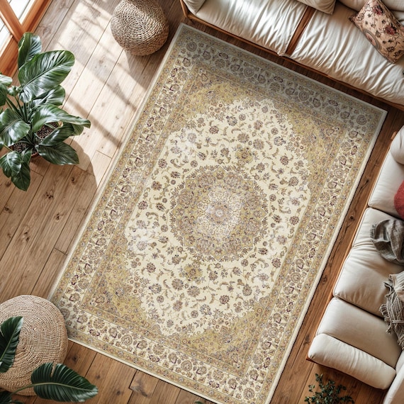 イエローのトルコ花柄ラグ：洗えるコットン混紡、ヴィンテージ