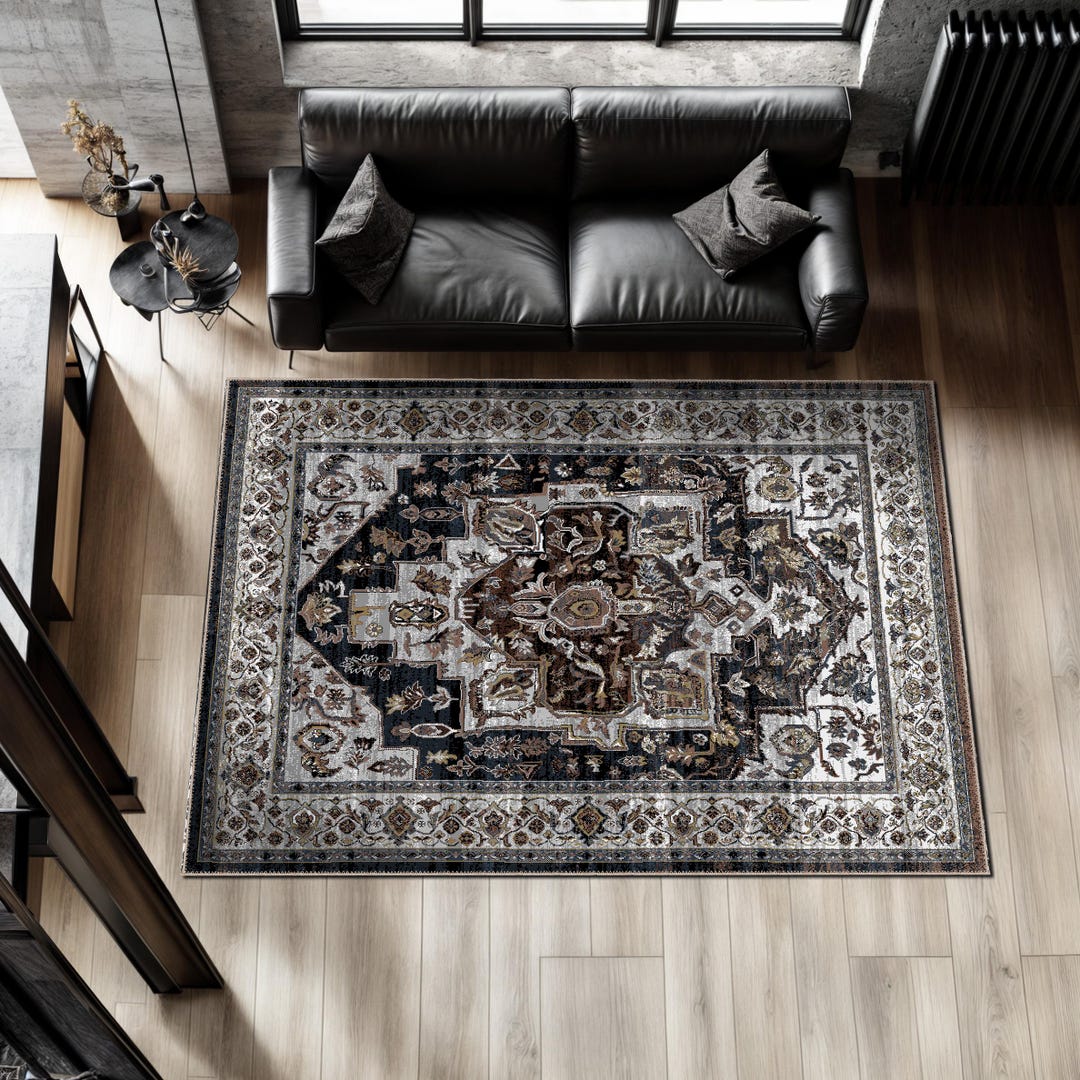 Dark Brown Gray Heriz Style Rug, Bohemian Cotton Blend Area Carpet ...