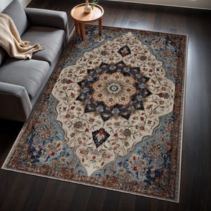 Soft Blue and Beige Vintage Look Traditional Rug, Large Bohemian Rug, Custom Size Rug, Rugs For Living Room, Floor Carpet, Runner Rug