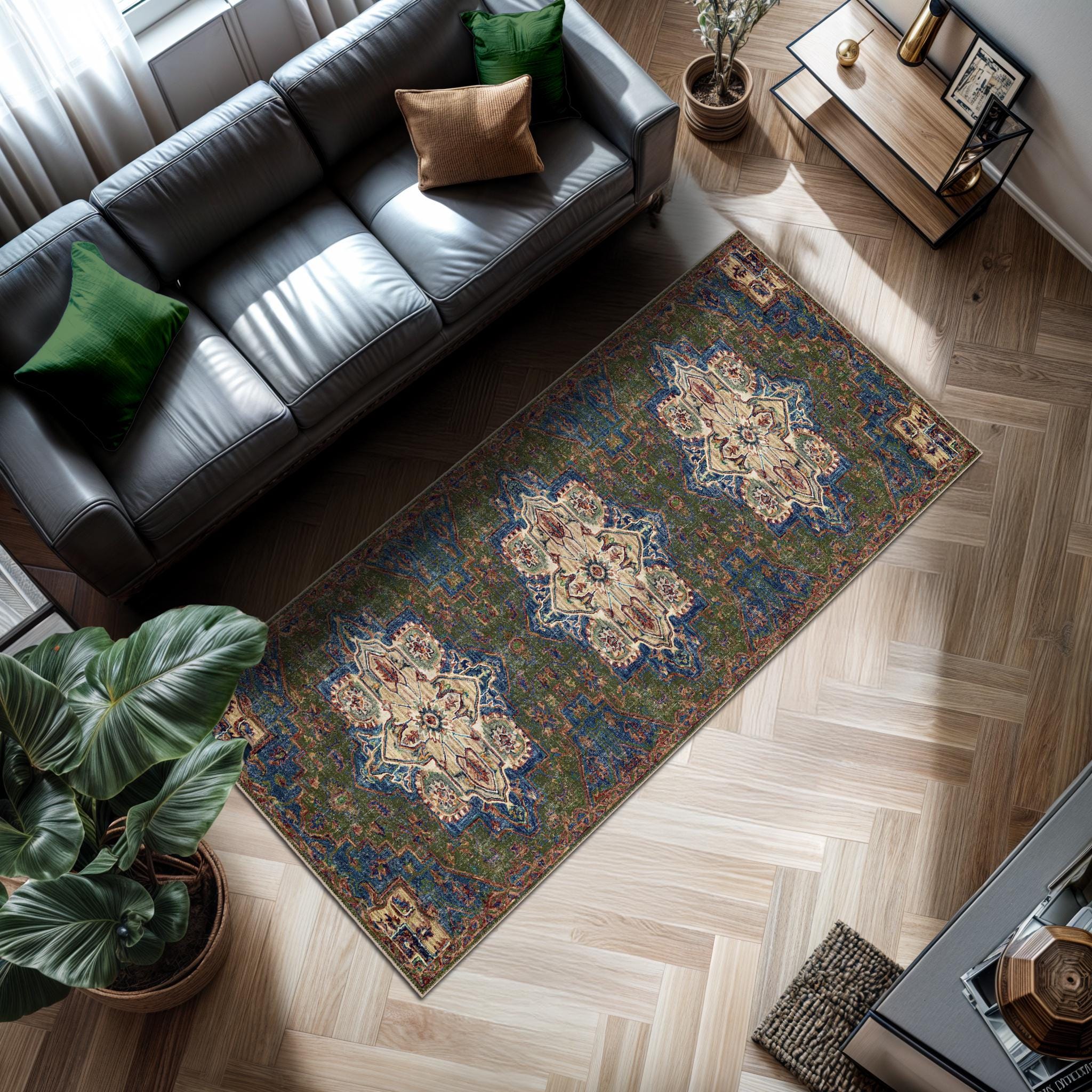 グリーン ヘリズ スタイル ラグ：ヴィンテージ風、コットン混紡、滑り