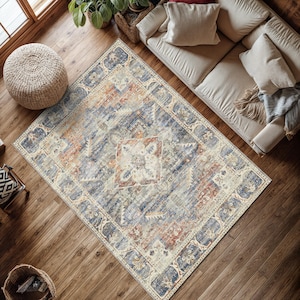Blue and Brown Turkish Rug: Bohemian Living Room Carpet, Custom Size Rug