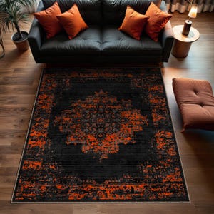 Dark Orange Terracotta Rug, Black Distressed Look Area Rugs, Vintage Look Kilim, Neutral Area Rug, Floor Carpet, Home decor Rug,Chenille Rug