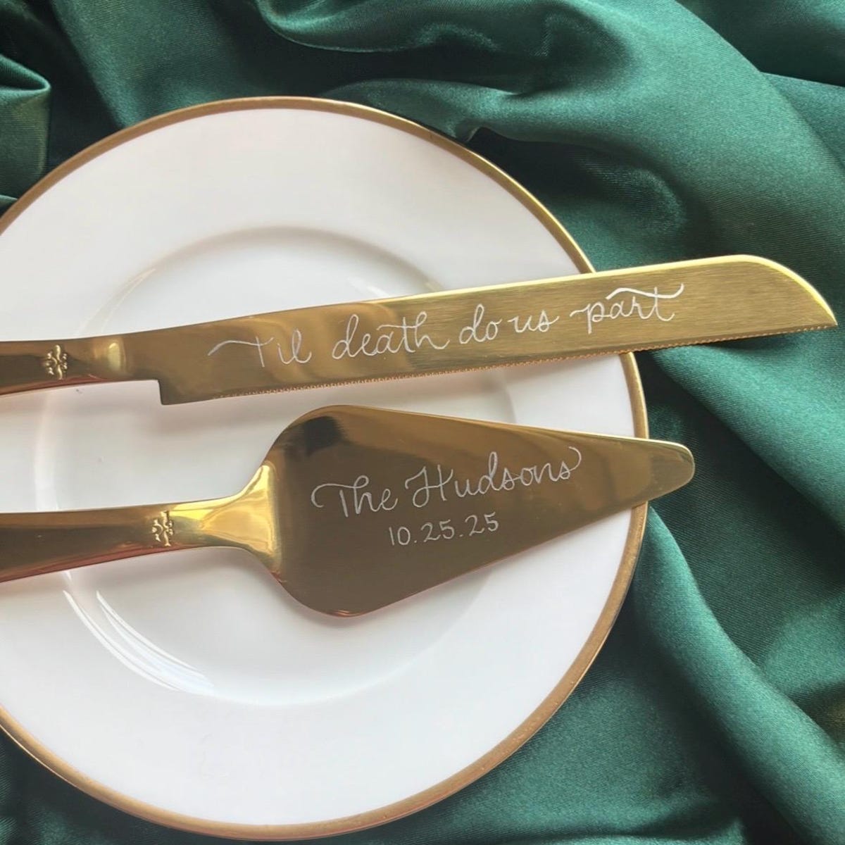 Personalized Engraved Gold Cake Cutting Set: Stainless Steel Knife, Server