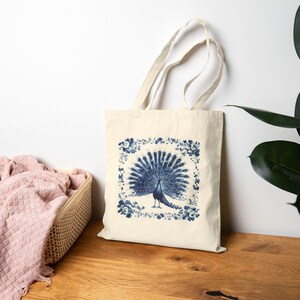 Majestic Peacock Tote Bag - Elegant Blue Floral Canvas Bag - Vintage-Inspired Bird Art Tote - Nature Lover Gift - Eco Friendly Reusable Bag