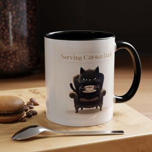 Serving Cat-Tea Daily Mug - Funny Black Cat Tea Lover Cup - Cute Cat Pun Gift - Accent Color Ceramic Mug for Cat Moms & Dads - Pet Lovers