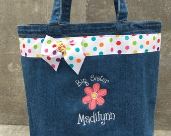 large denim big sister tote bag, embroidered with a sweet pink daisy and personalized at NO additional charge
