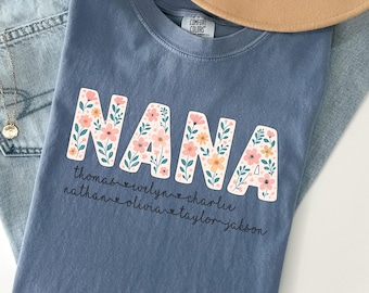 Personalized Floral Nana Shirt with Kids Names, Grandma Gift