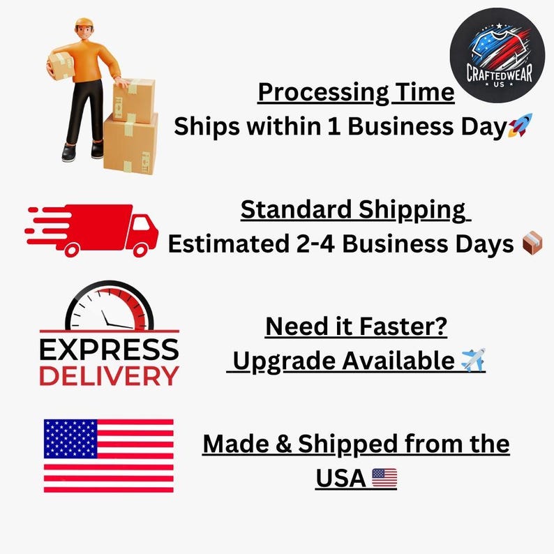 May include: An image with text about processing and shipping times. The text includes "Processing Time Ships within 1 Business Day", "Standard Shipping Estimated 2-4 Business Days", and "Made & Shipped from the USA".