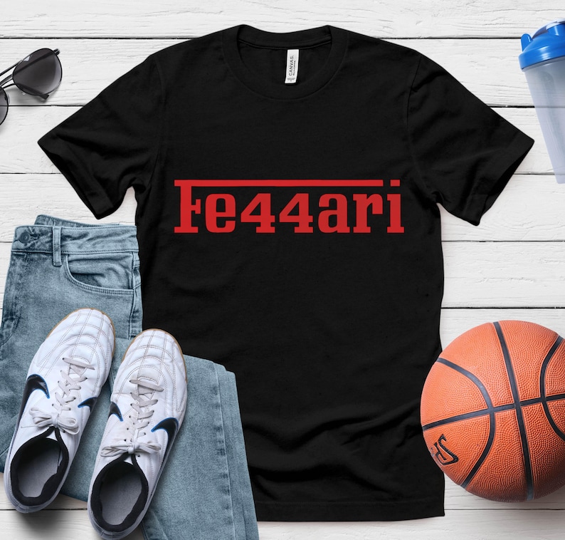 May include: Black t-shirt with the red text "Fe44ari" printed across the front. The shirt is paired with blue jeans, white sneakers, and a basketball. Sunglasses and a water bottle are also visible.