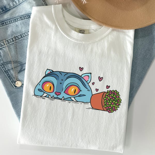 Blue Cat Anime Graphic Tee, Kawaii Demon Shirt
