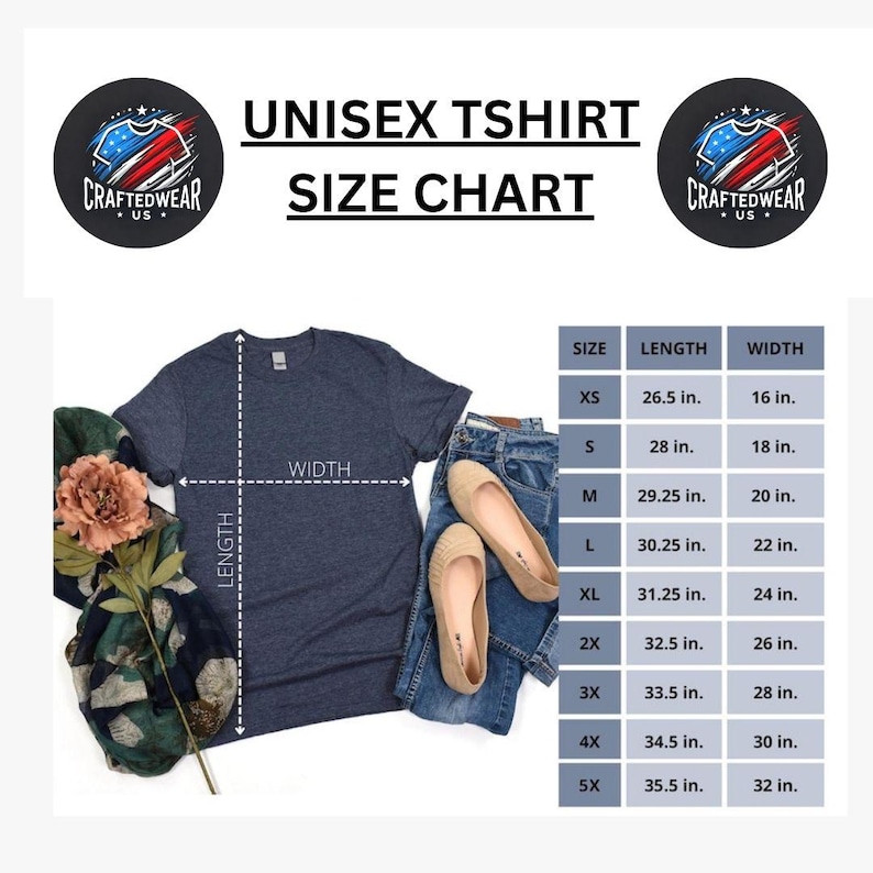 May include: A navy blue unisex t-shirt with a size chart. The chart shows measurements for sizes XS to 5X, with lengths ranging from 26.5 inches to 35.5 inches and widths from 16 inches to 32 inches. The image includes jeans and shoes.
