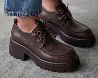 Women’s Brown Platform Loafers, Chunky Sole Derby Shoes, Leather Lace Up Oxford Style Shoes