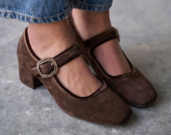 Women’s Brown Suede Mary Jane Heels, Block Heel Ankle Strap Pumps, Vintage Style Shoes