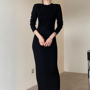 Black Ribbed Knit Midi Dress - Long Sleeve Crew Neck Bodycon Dress - Elegant Minimalist Sweater Dress - Fall Winter Casual Chic Outfit