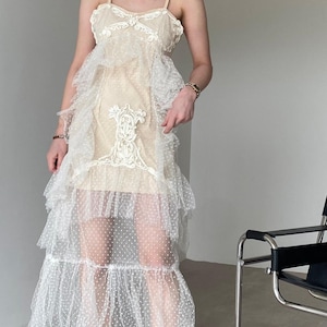 Romantic Sheer Tulle Maxi Dress – Beige Polka Dot Ruffle Dress with Lace Details,Vintage-Inspired Boho Dress for Women, Elegant Summer Dress