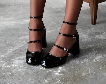 Black Leather Square Toe Mary Jane Heels, Block Heeled Strappy Buckle Patent Shoes