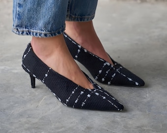 Black Tweed Fabric Stiletto Heels, Pointed Toe Wedding Pumps, Low Heel Bridal Shoes