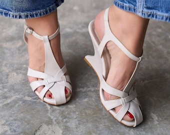 Beige Leather Wedge Sandals, Open Toe T-Strap Heels, Ankle Strap Summer Shoes