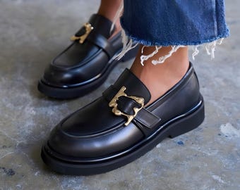 Women's Black Leather Loafers, Slip On Shoes with Gold Buckle Strap, Round Toe Flats