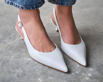 White Leather Slingback Bridal Heels, Low Heel Bride Shoes, Pointed Toe Wedding Pumps