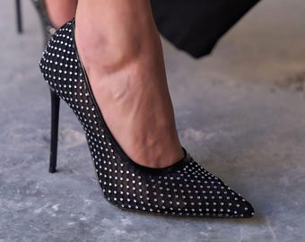 Black Lace Rhinestone Stiletto Pumps, Pointed Toe Crystal Embellished Wedding Heels