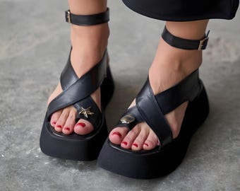 Black Leather Platform Sandals, Adjustable Ankle Strap Summer Sandals, Chunky Sole Women Shoes