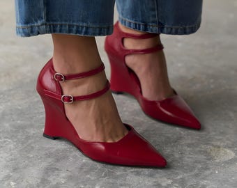 Red Leather Wedge Heels, Double Strap Ankle Shoes, Pointed Toe Wedding Pumps