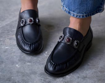 Black Leather Penny Loafers, Classic Beaded Moccasin Shoes, Round Toe Slip On Shoes