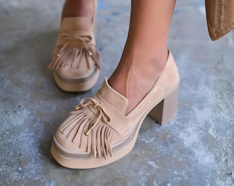 Beige Suede Chunky Heeled Loafers With Tassel, Fringe Block Heel Oxfords