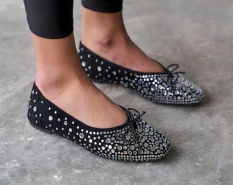 Black Suede Rhinestone Ballet Flats, Sparkly Flat Shoes, Square Toe Ballerina Shoes