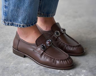 Brown Leather Penny Loafers, Classic Beaded Moccasin Shoes, Round Toe Slip On Shoes